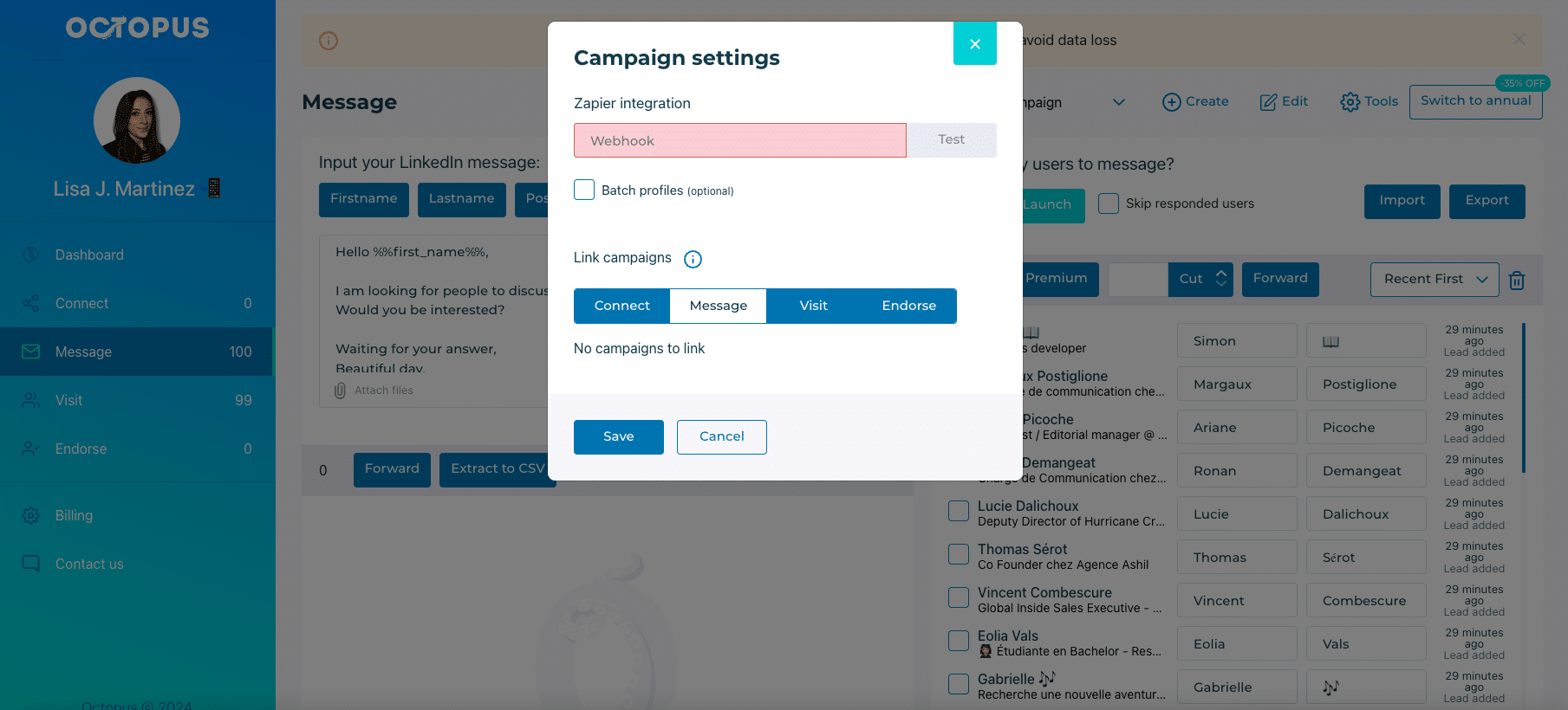 Integration of Octopus CRM with a third-party CRM tool (continued)