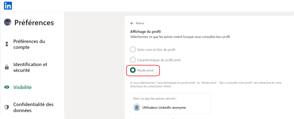 mode privé LinkedIn