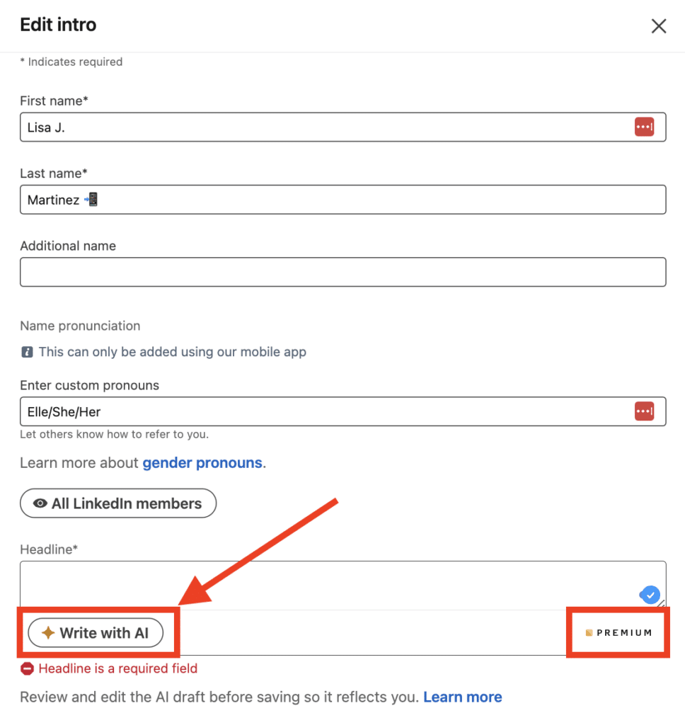 LinkedIn Headline: writing with AI (premium).