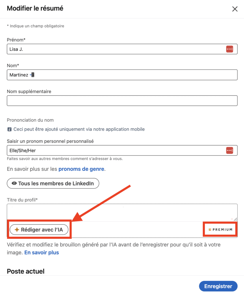 LinkedIn Headline : rédiger avec l'IA (premium).