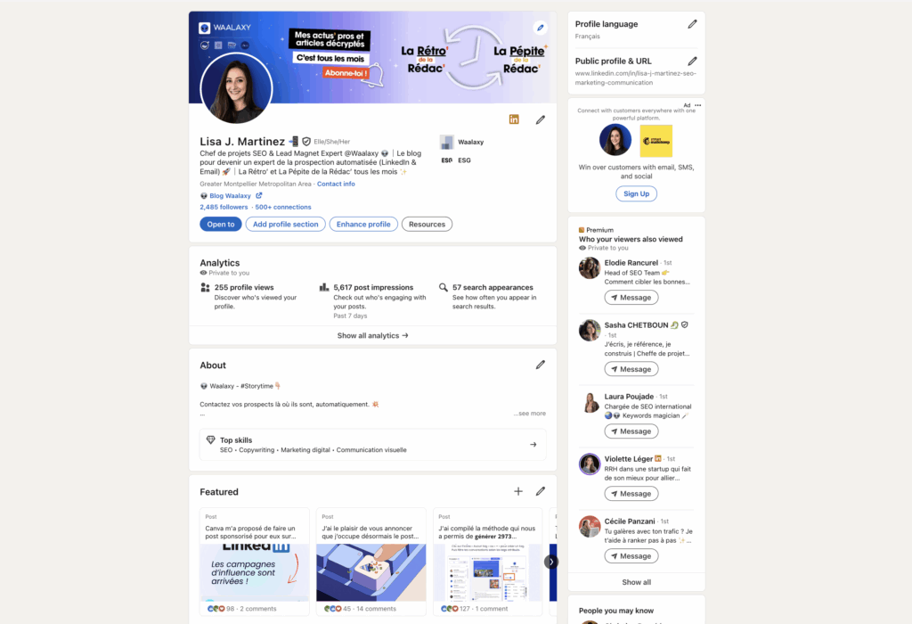 Page LinkedIn profil Lisa J. Martinez, statistiques et options d'interaction.