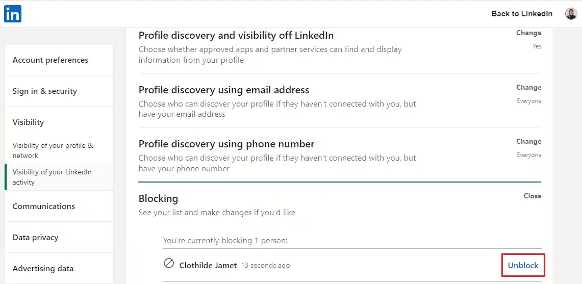 unblock from LinkedIn