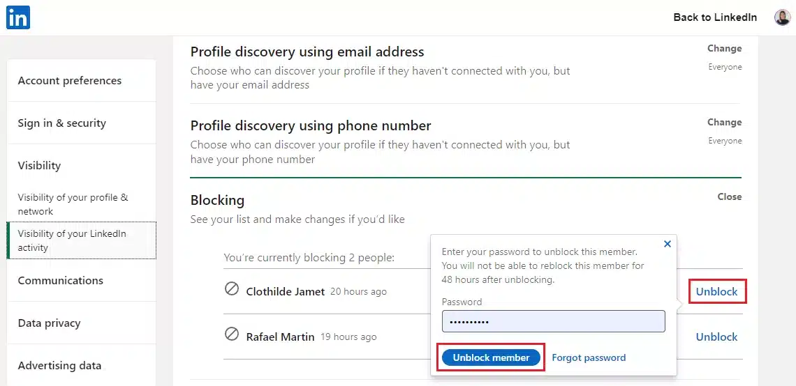 unblock member LinkedIn