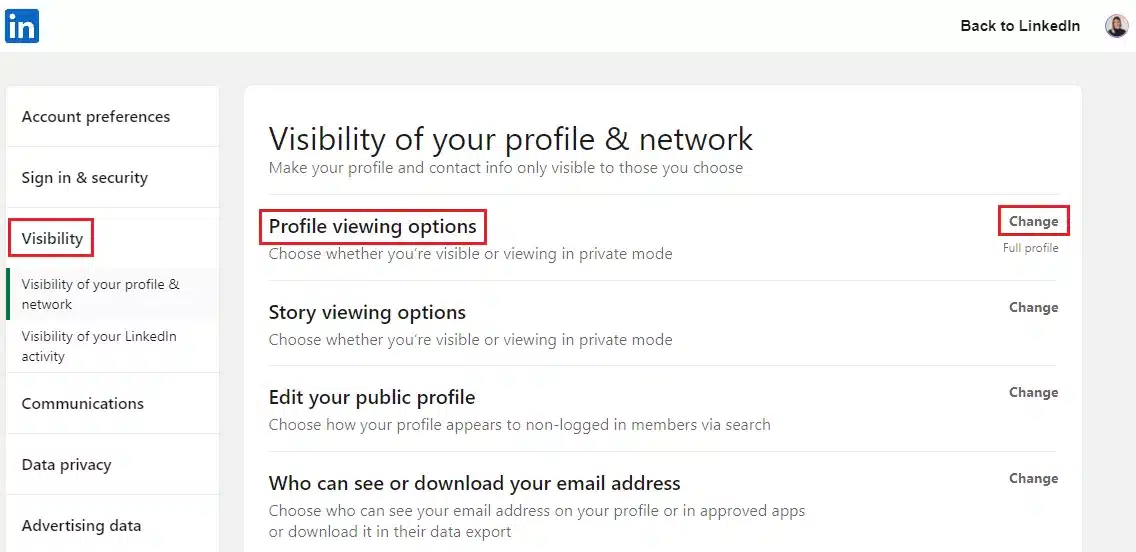 profile viewing options LinkedIn