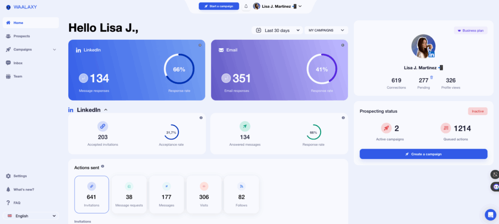 Waalaxy dashboard