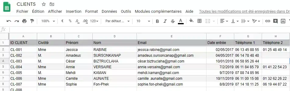 base de données prospection Google Sheets