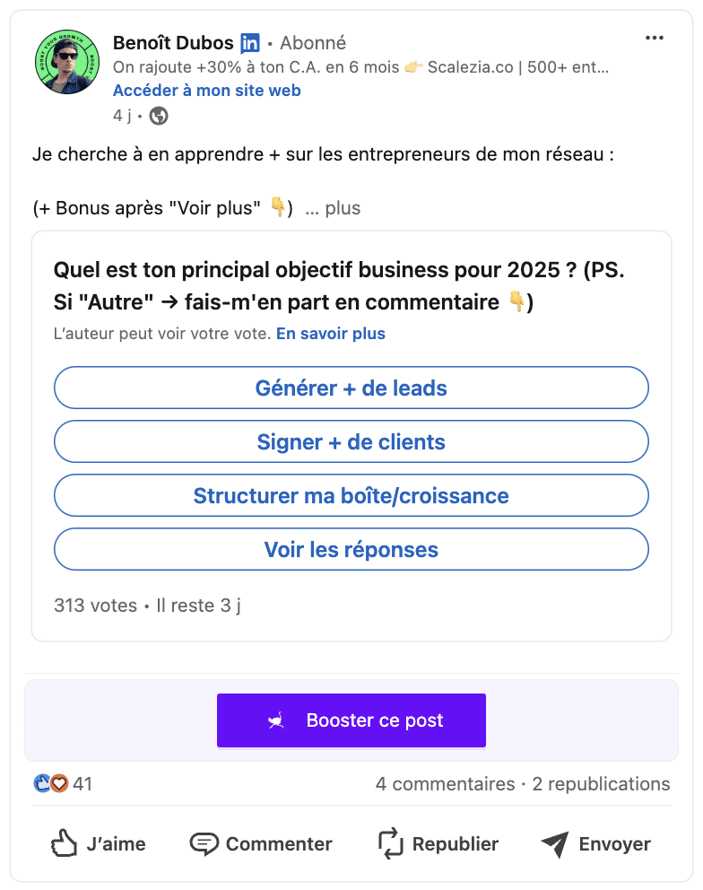 Stratégie de contenu LinkedIn : exemple de post LinkedIn avec sondage.