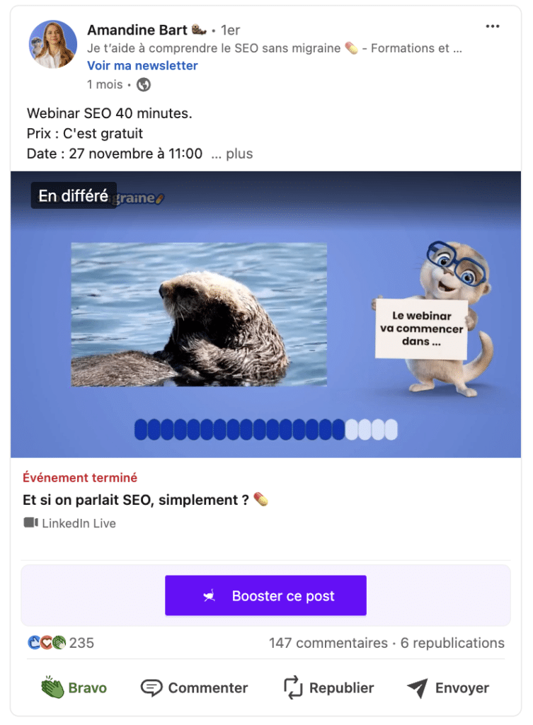 Stratégie de contenu LinkedIn : exemple de post LinkedIn Live.