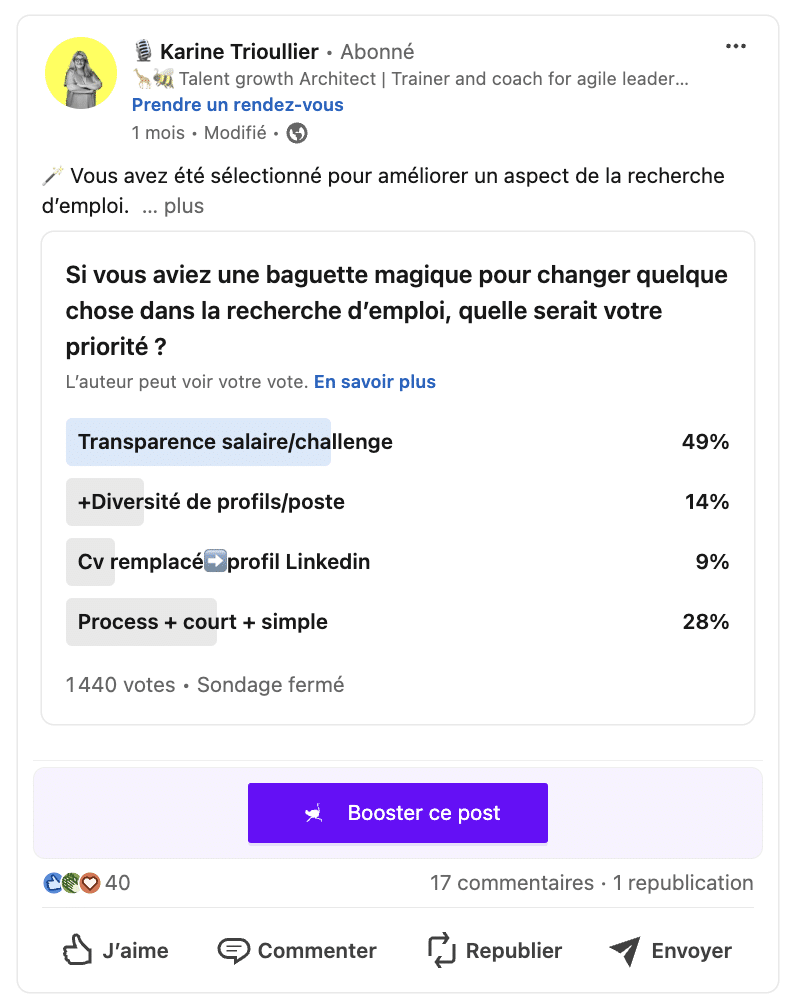 Stratégie de contenu LinkedIn : exemple de post LinkedIn avec sondage.