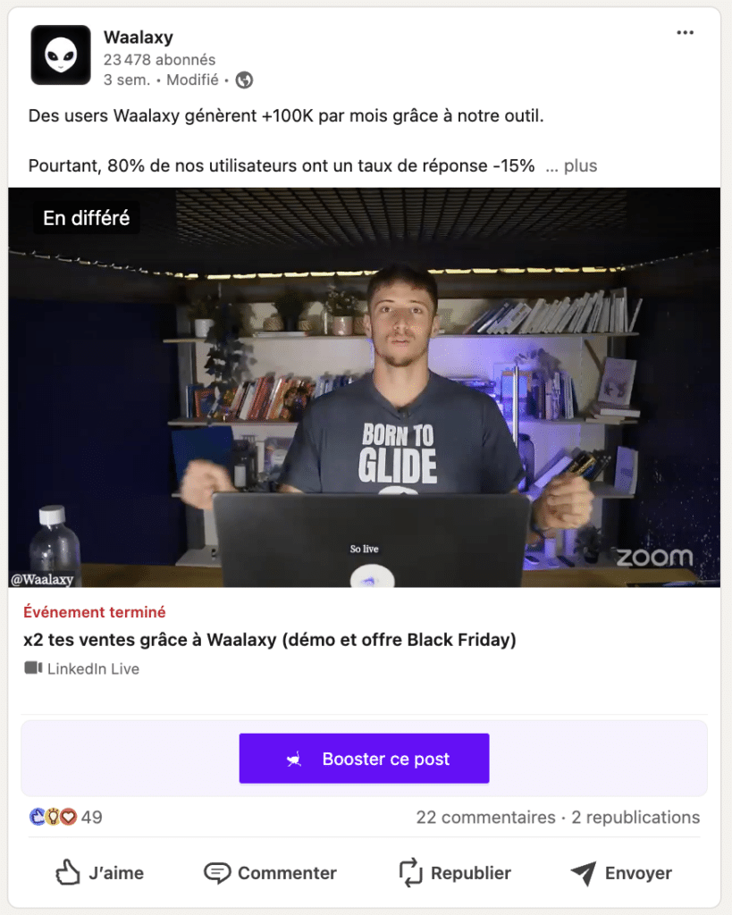 Stratégie de contenu LinkedIn : exemple de post LinkedIn Live.