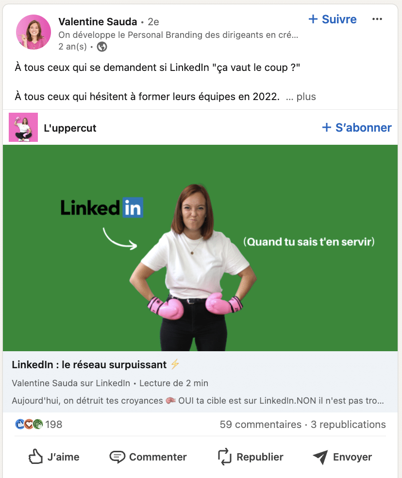 Stratégie de contenu LinkedIn : exemple de post LinkedIn pulse.