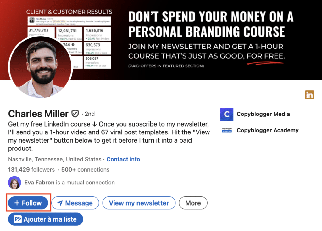 Tips for your LinkedIn content strategy: highlight the follow button.