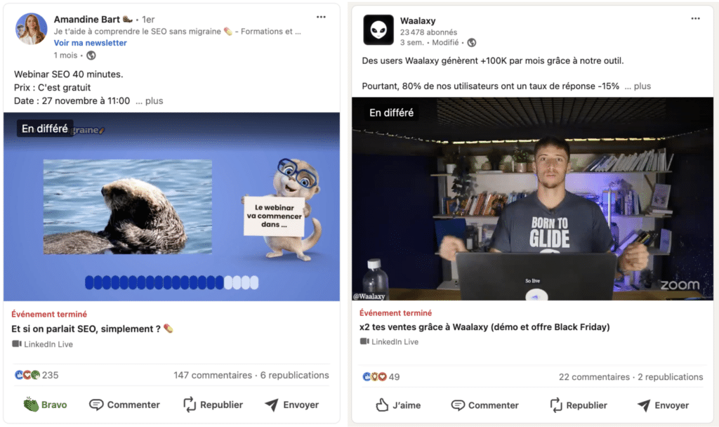 Stratégie de contenu LinkedIn : exemple de post LinkedIn Live.