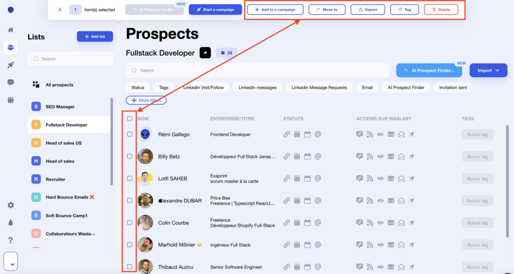 Sorting and filtering your lists with Waalaxy.