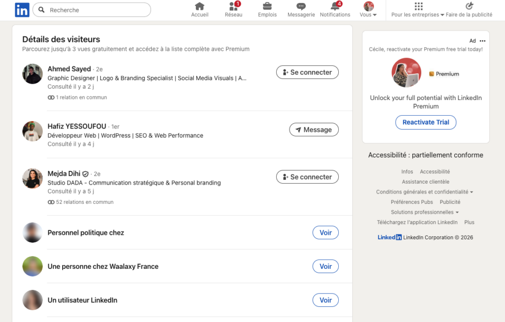 détails des visiteurs avec un compte LinkedIn gratuit 