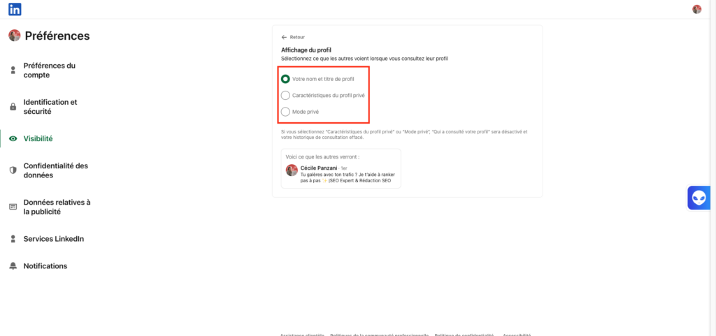 affichage du profil Linkedin