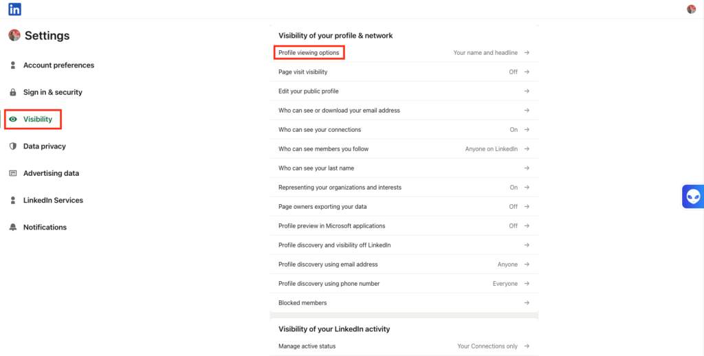 Switching to private mode on LinkedIn 