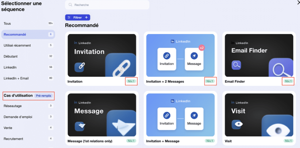 Vendre sur LinkedIn : Sélectionner une séquence Waalaxy d'actions automatisées.