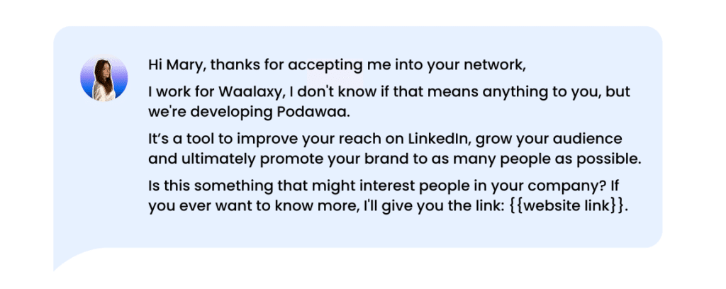 Example of an LinkedIn introductory message after a connection request