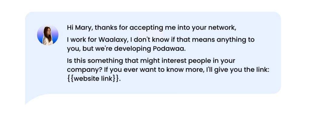 Example of an LinkedIn introductory message after a <strong>connection request</strong>.