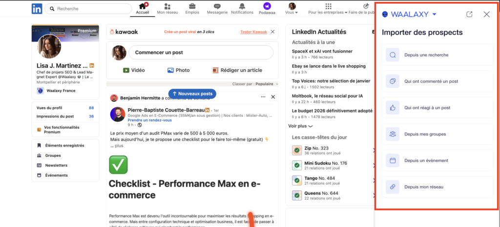 Outil gratuit LinkedIn : Auto-import prospects Waalaxy