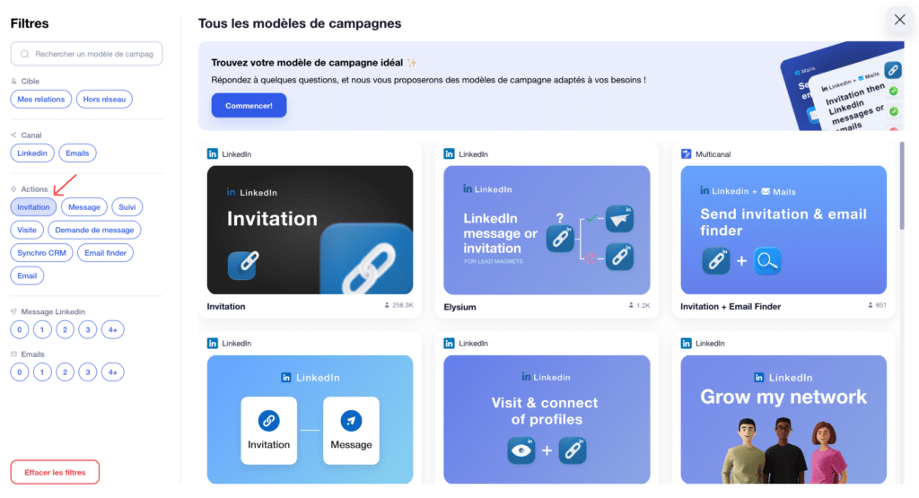 automatiser message LinkedIn - filtre de campagne waalaxy