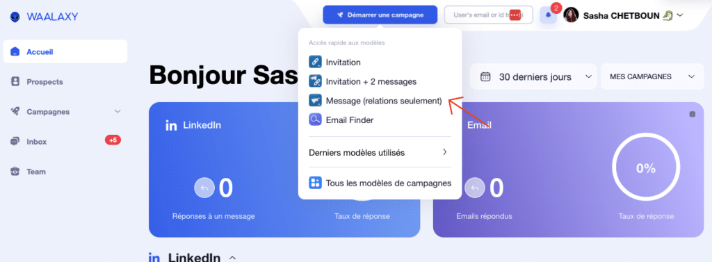 envoyer un message à tous ses contacts - dashboard waalaxy