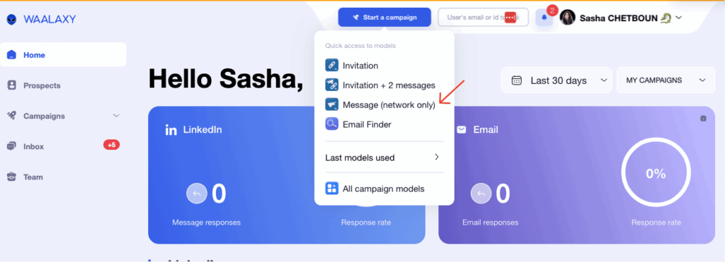 Messaggi automatici di LinkedIn - campagna di messaggi waalaxy