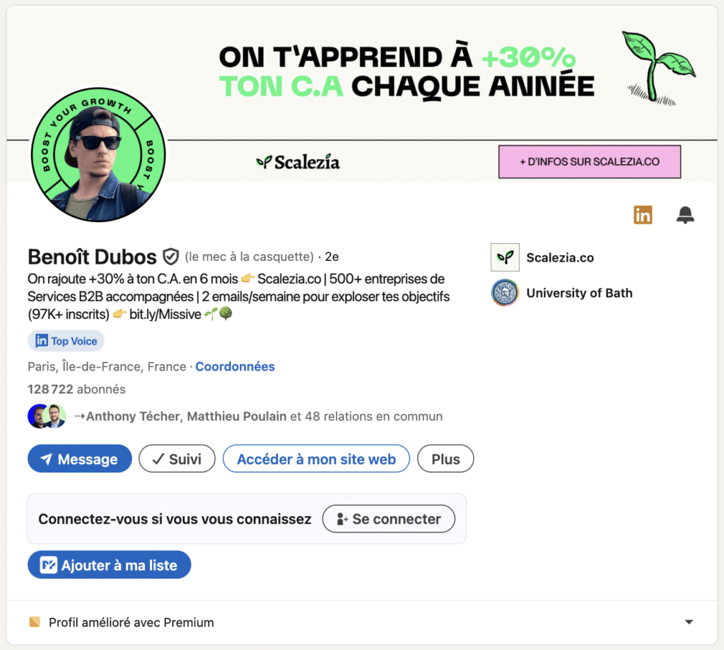 Exemple de LinkedIn personal branding solide : Benoit Dubos (sales).