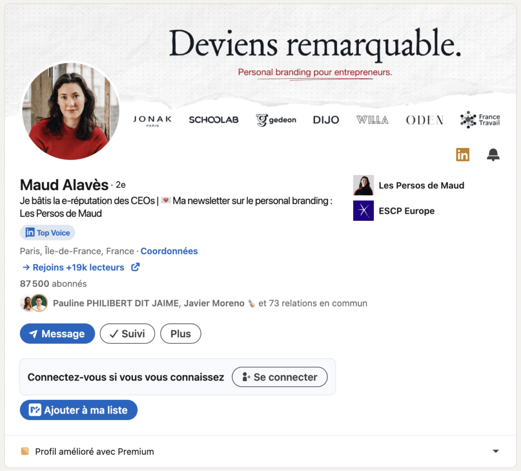 Exemple de LinkedIn personal branding solide : Maud Alavès (personal branding et copywriting).