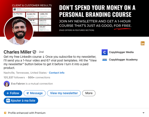 Example of solid LinkedIn personal branding: Charles Miller (personal branding and copywriting).