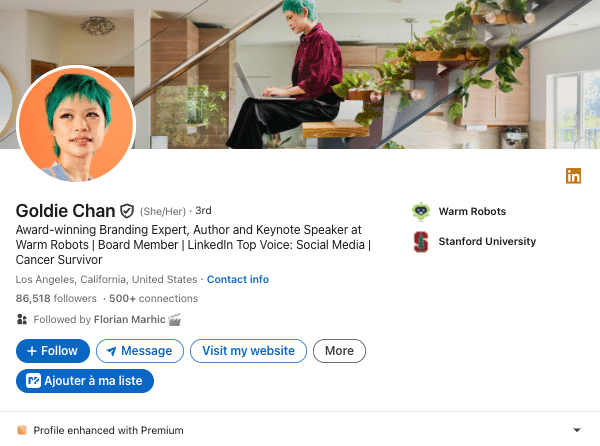 Przykład solidnego personal brandingu LinkedIn: Goldie Chan (marketing cyfrowy i media społecznościowe).