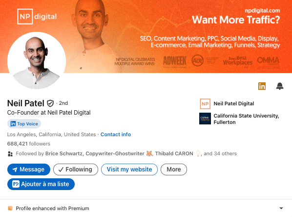 Example of solid LinkedIn personal branding: Neil Patel (marketing & sales).