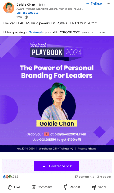 Example of solid LinkedIn personal branding: post by Goldie Chan (digital marketing & social media).