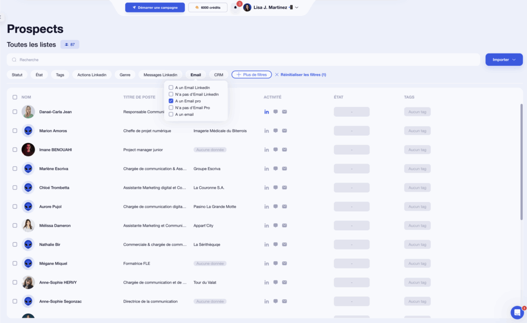 Liste de prospects avec email professionnel sur Waalaxy.