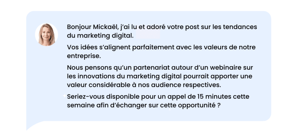 Nouer des partenariats marketing sur LinkedIn : exemple de message de prise de contact.