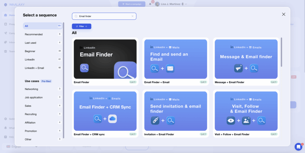 Seleção de campanhas com a opção Email Finder e envio automático de e-mails de prospeção.