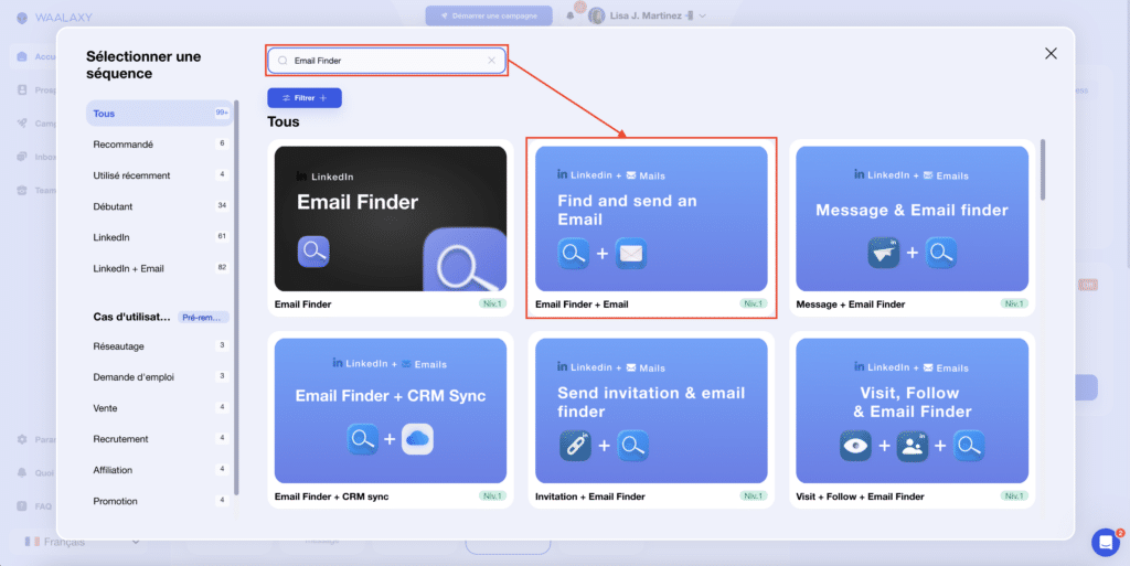 Sélection campagne avec option Email Finder et envoi automatique des mails de prospection.