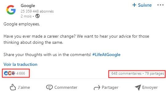 Publication Linkedin page entreprise google