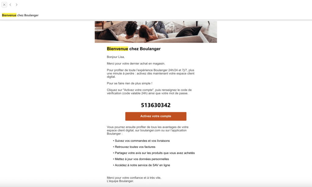 Email marketing exemple : accueil, remerciement et accompagnement client.