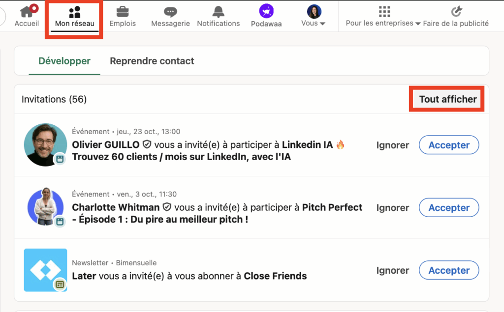 Accès aux invitations LinkedIn automatiques envoyées/en attente