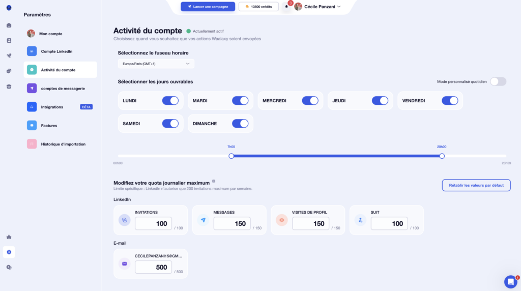 Invitation LinkedIn automatique - activité du compte Waalaxy