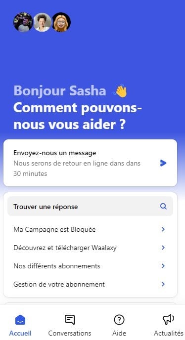 Génération de leads btob : support Chat et FAQ Waalaxy.