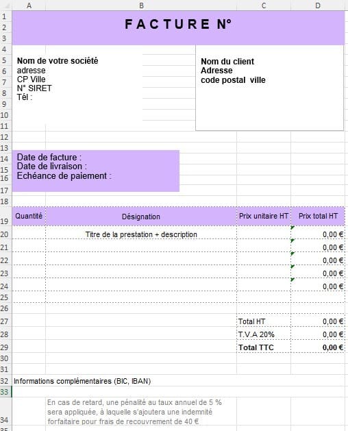 Modèles de factures pour Excel ou Word pour les micro-entreprises