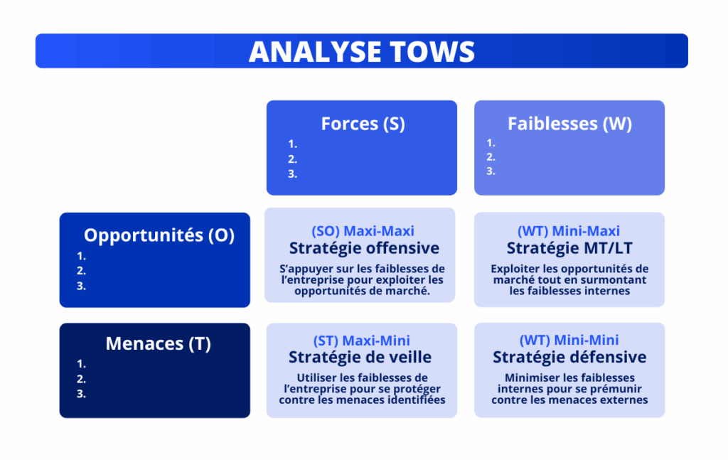 Analyse SWOT/TOWS pour définir une stratégie et des actions à mettre en oeuvre.