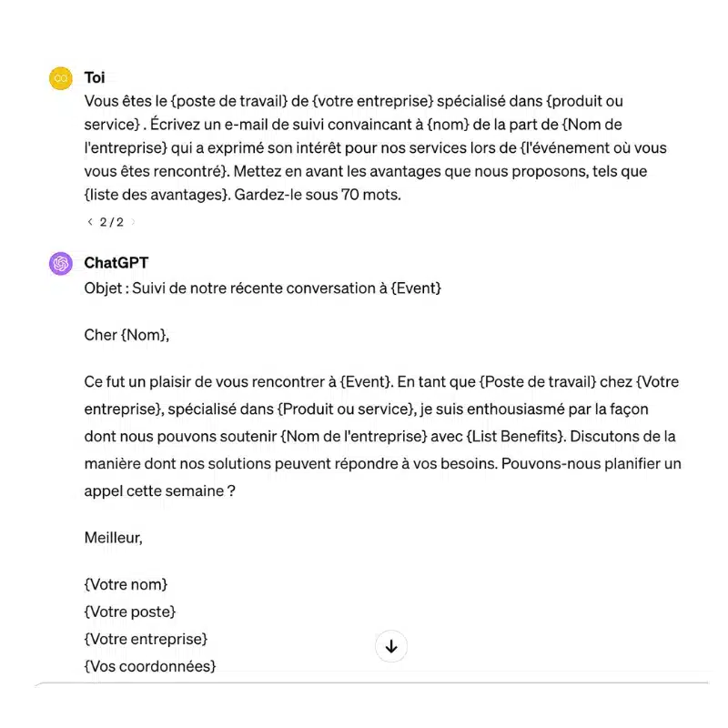 ChatGPT email Prompts suivi des prospects ou des clients