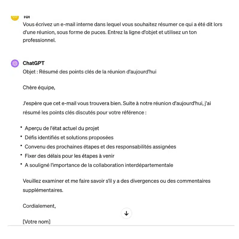 Email prompt pour résumer une réunion