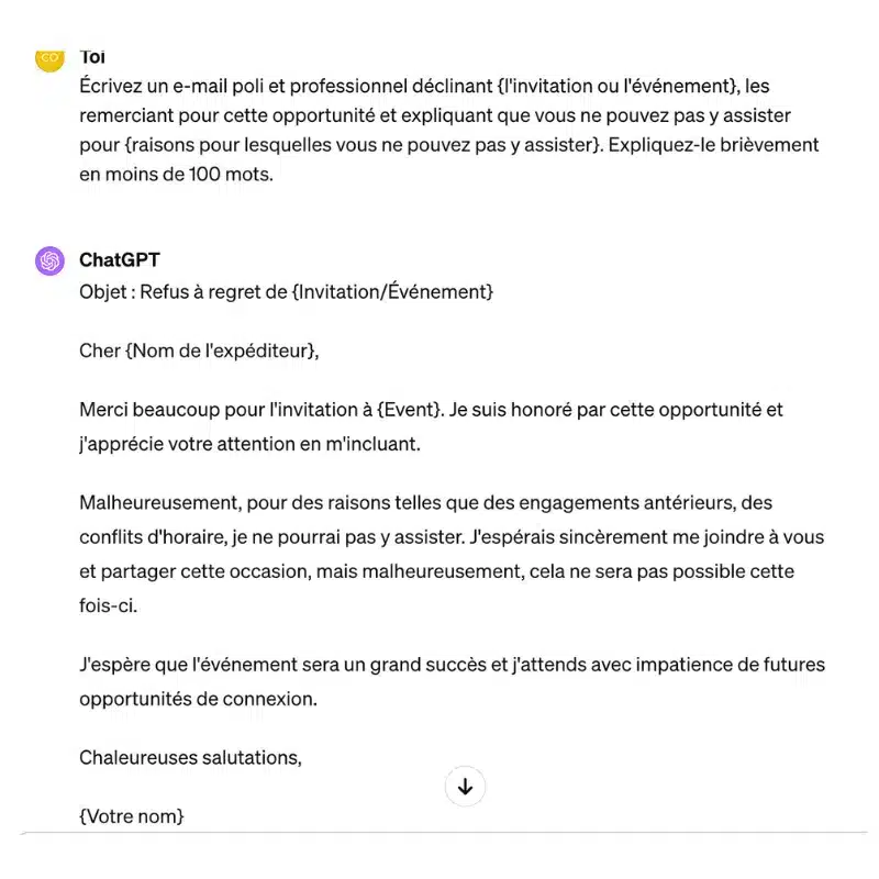 ChatGPT Email Prompt Refuser une invitation
