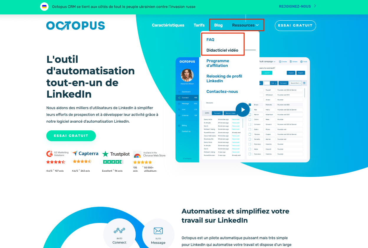 Page d'accueil du site d'Octopus CRM