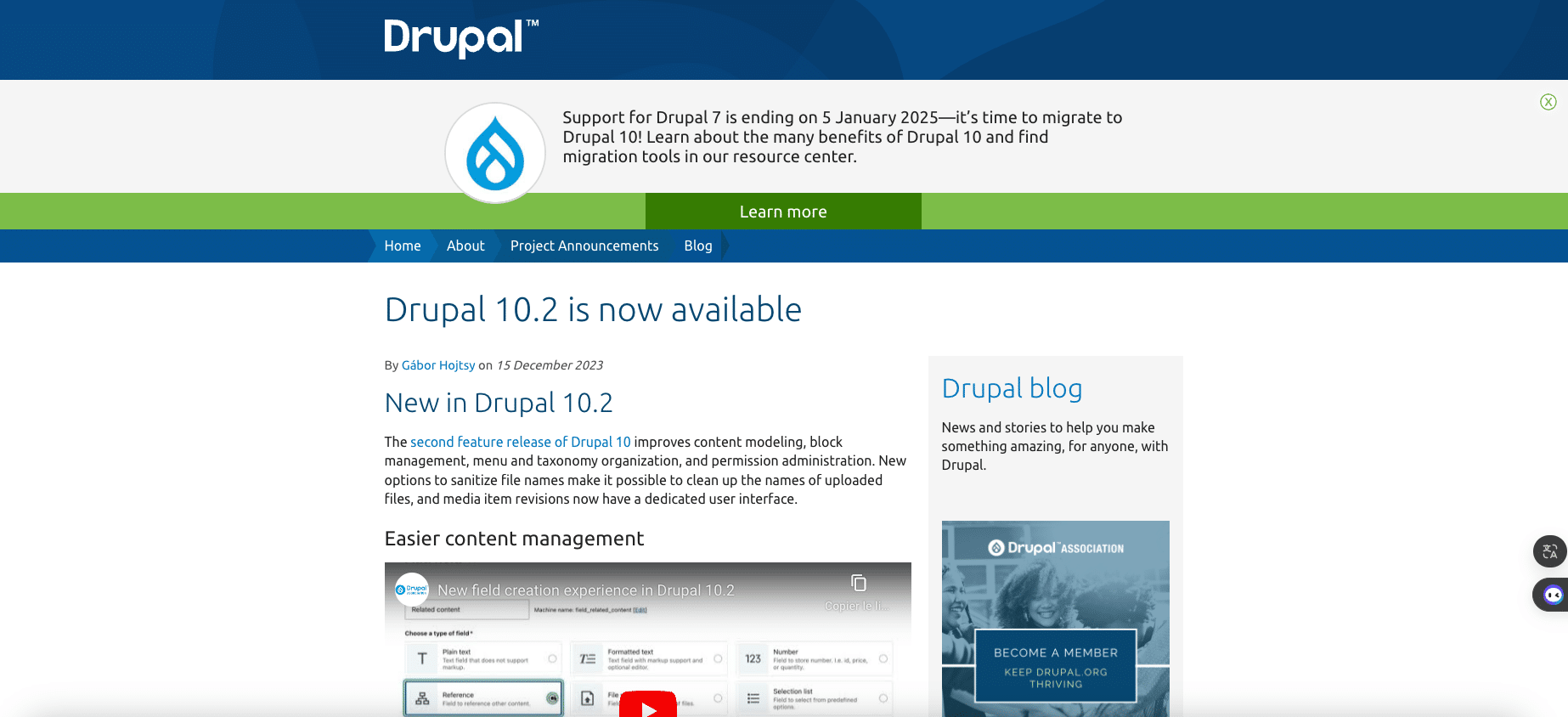 Overview of the information page on the blog fort launch of the Drupal 10.2 tool